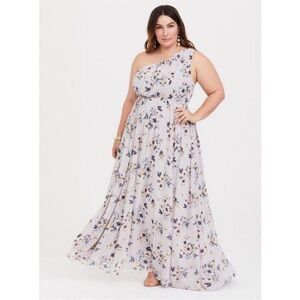 Torrid Grey Floral One-Shoulder Chiffon Maxi Dress Size 12